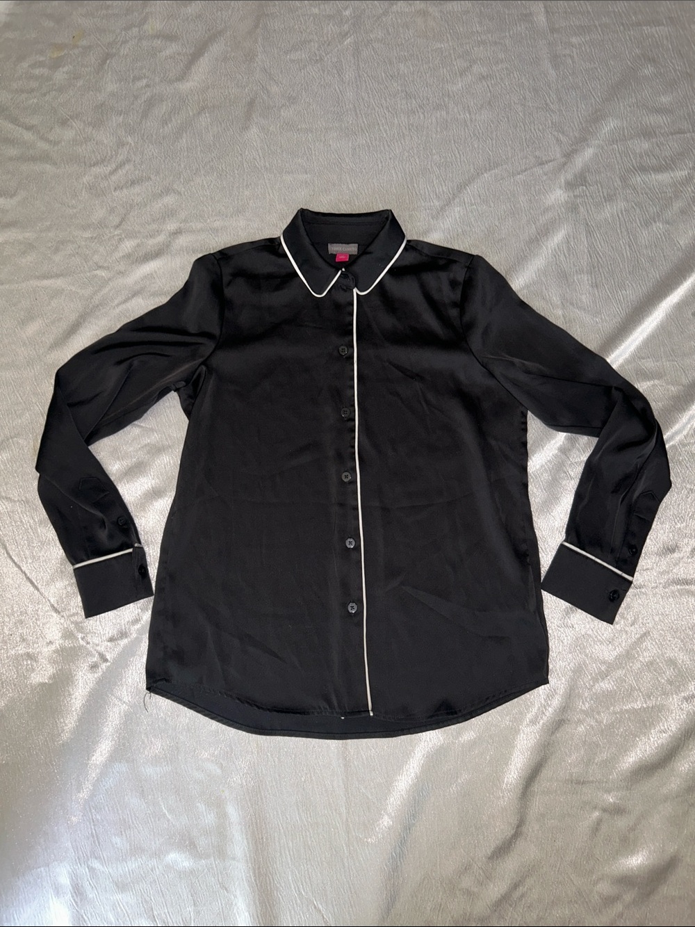 Black Button-Up Shirt with White Piping - Classic Mens Shirt Vince Camuto silk